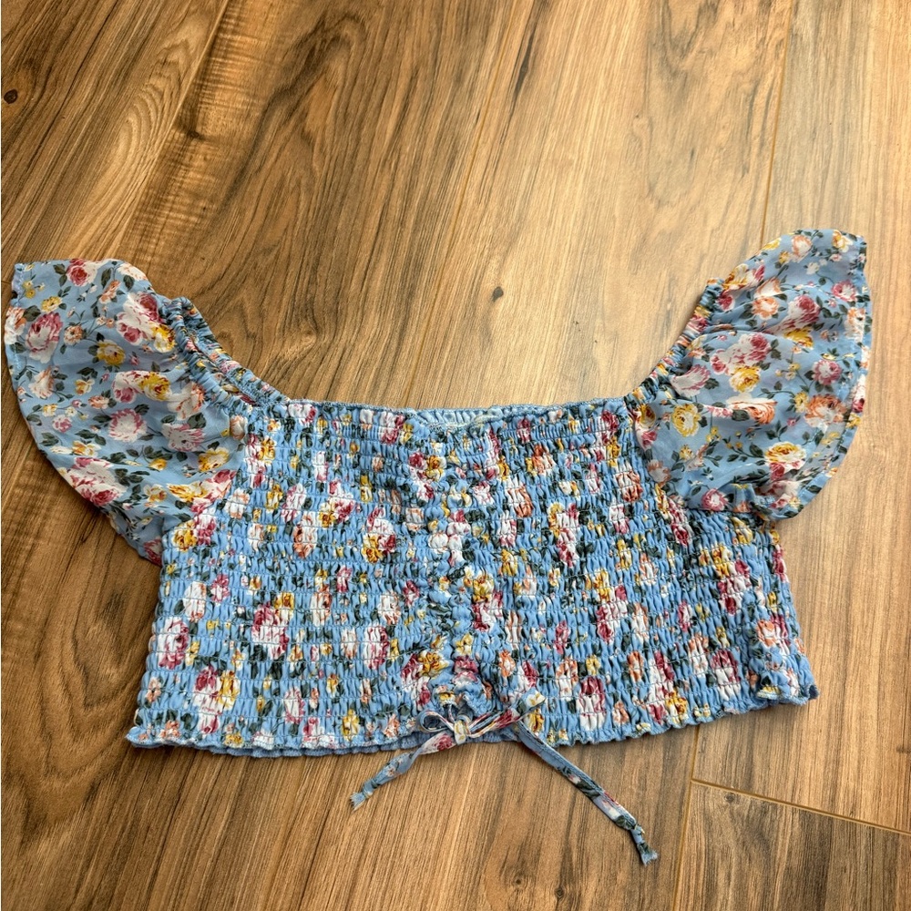 Almost Famous Blue Floral Smocked Top